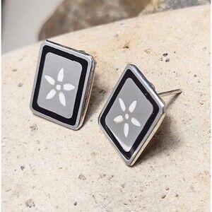 Sterling Silver Enamel Inlay Flower Square Picture Frame Earrings